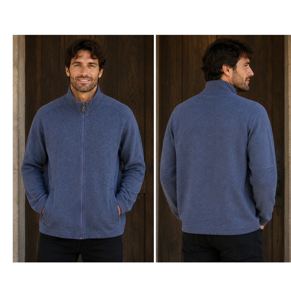 Duluth Trading Co Mens 2XL Blue Full Zip Mock Neck Sweater Ribbed Elbows Pockets